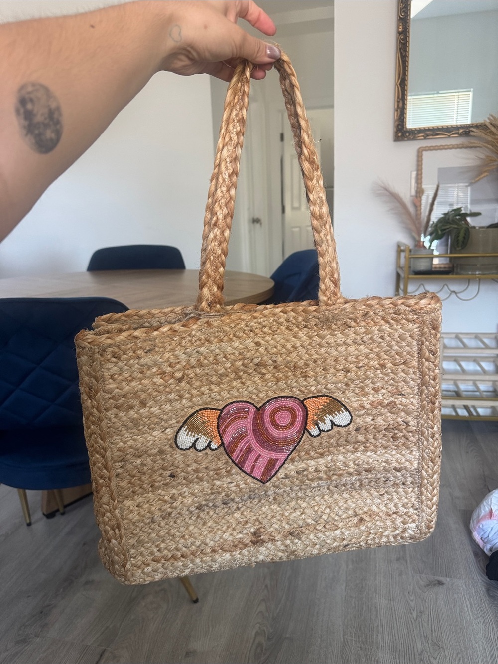 Woven Straw Tote Bag with Pink Heart Wing Patch